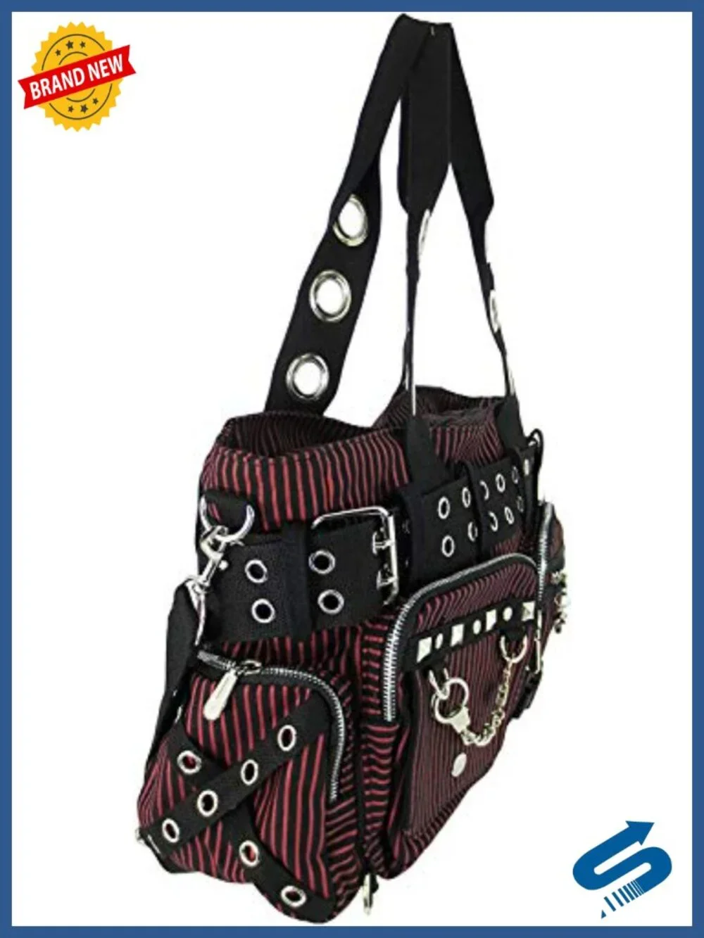 Striped Punk Rock Steampunk Hobo Shoulder Bag with Handcuff Skull Charm